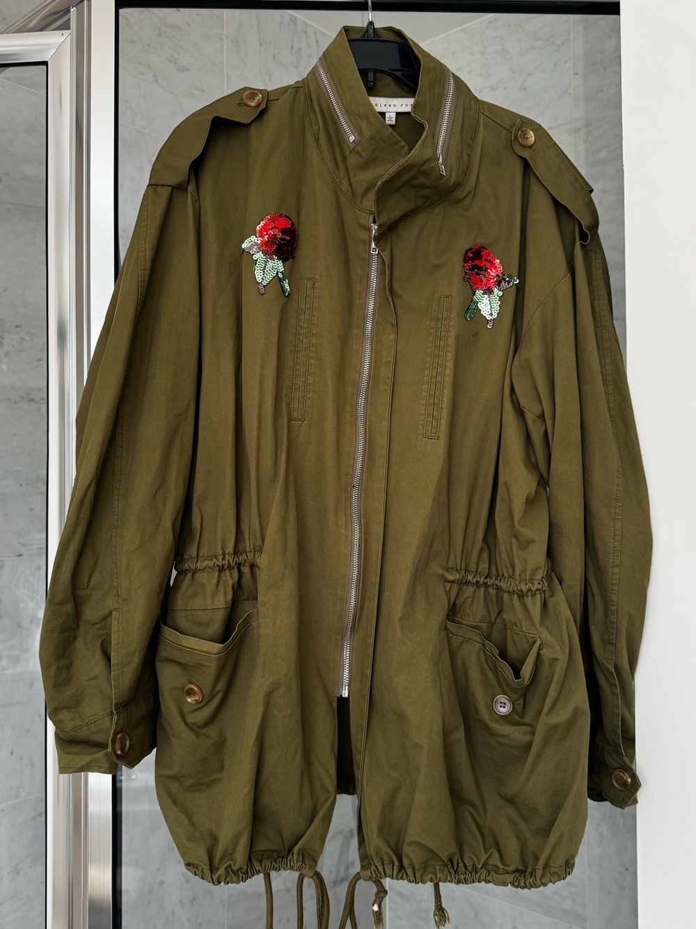 Endless Rose Olive Green Embroidered Utility Jacket